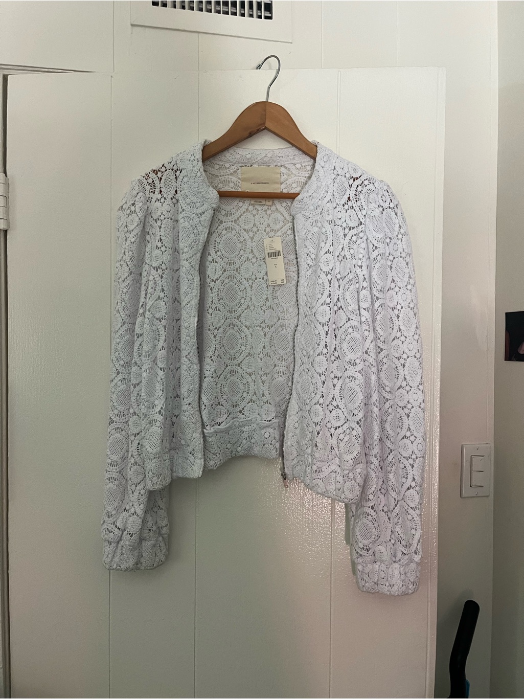 Anthropologie White Lace Bomber Jacket Size Small